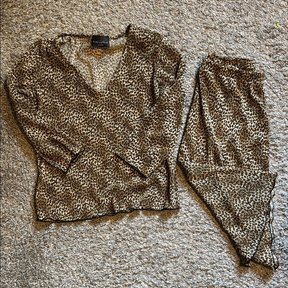 P Leopard Print V-Neck Top and Pants Set